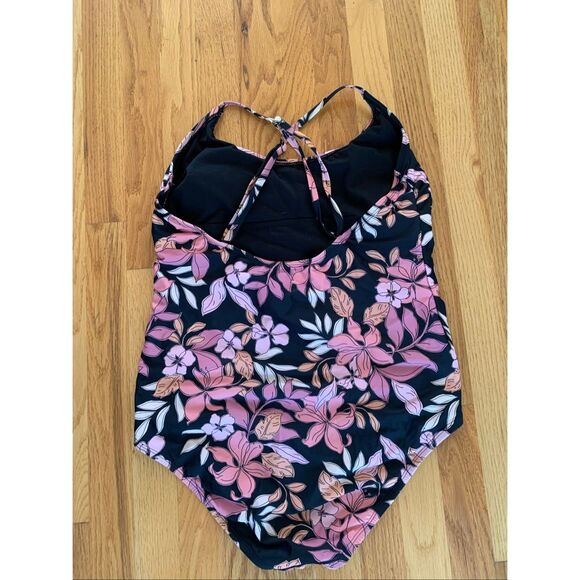 AQUA COUTURE One Piece Swimsuit Black Orange Pink Florals - Picture 8 of 9